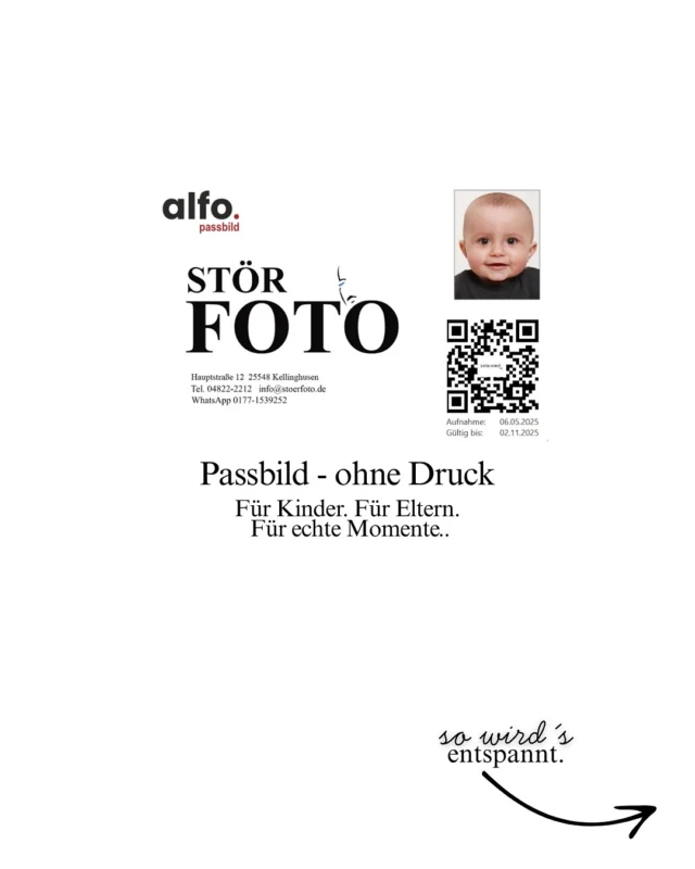 Passbilder mit Kindern sind manchmal eine Herausforderung.
Nicht, weil das Foto schwer ist, sondern weil kleine Menschen große Gefühle haben.

Dein Kind muss für das biometrische Passbild nicht lächeln.
Es muss auch nicht verstehen, warum es still sitzen soll.
Es darf einfach Kind sein.

Bei Stör Foto nehmen wir uns Zeit. Digitale Passbilder für Kinder, ohne Stress.
Mit Ruhe, mit Erfahrung, mit Verständnis.🧘🏻‍♀️

Ob für den Kinderreisepass, den Personalausweis,
oder den Reisepass für Babys. Wir begleiten euch durch diesen Moment.

Kein Druck. Kein Zwang. Kein „Jetzt aber bitte stillhalten.“

Nur Geduld.
Und ein Team, das weiß, wie man mit kleinen Persönlichkeiten arbeitet.✨

Swipe nach rechts für unsere Tipps, die den Moment leichter machen. ➡️

Nicht vergessen:
Kinderpassbilder für 15 € statt 20 €
Mit dem Rabattcode sommerferien
Gültig bis 31.08.

#passbilderkinder #biometrischespassbild #passbildohnestress
#kinderfotografie #reisepassbaby
#digitalepassbilder #elternalltag #fotostudioliebe #stillhaltenmussnichtsein #störfoto